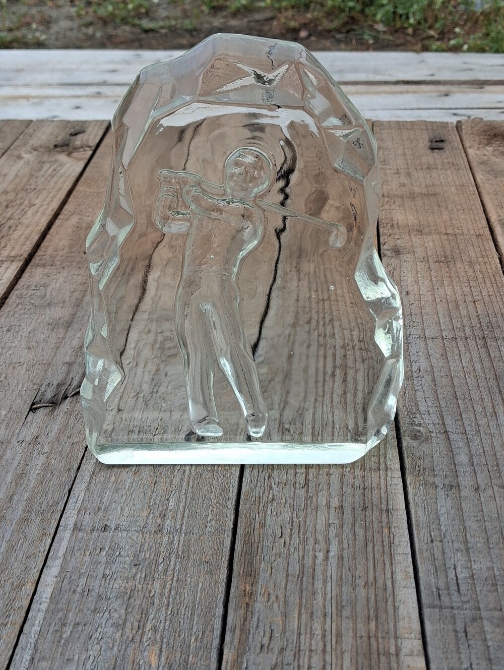 Vintage Clear Pressed Glass Golfer Desk Sculpture / Paperweight